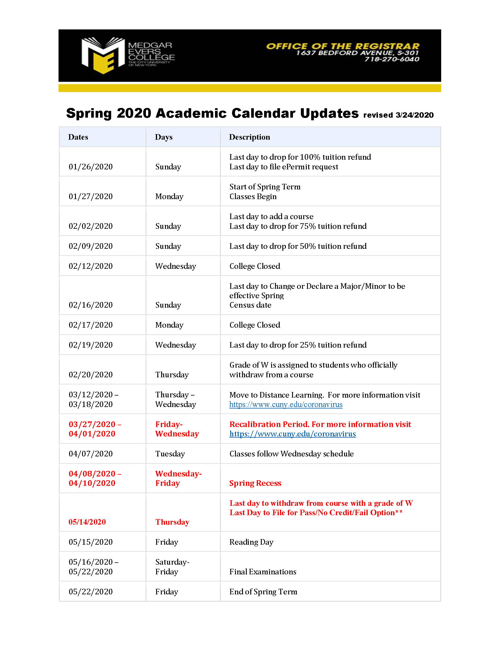 March 26 Spring 2020 Academic Calendar Updates | MEC COVID-19 Response